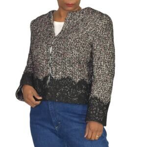 Karen Millen Tweed Jacket Lace Trim Suit Blazer Black Classic Textured Size 10